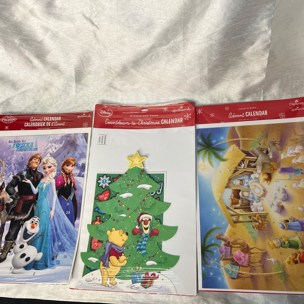 3 NEW Sealed ADVENT CALENDAR DaySpring Hallmark Nativity Scene / Frozen  / Pooh